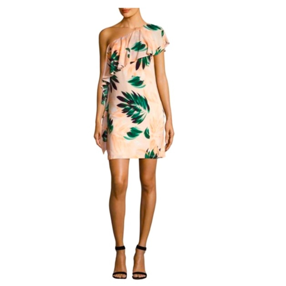$295 Scripted tropical ruffled one shoulder mini dress Xs